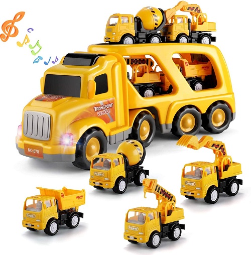 TEMI Construction Vehicles Transport Truck Carrier Toy with 4 mini trucks
